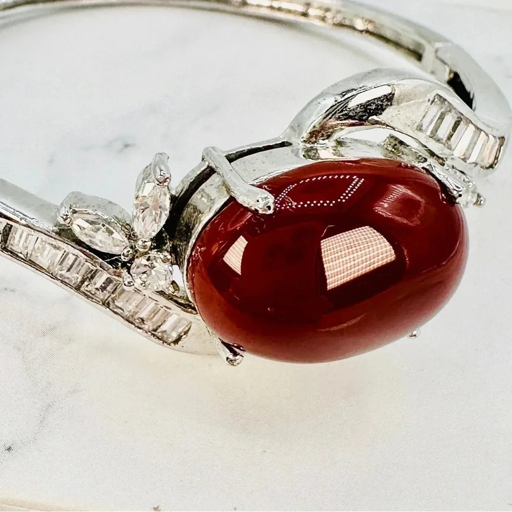 Burgundy Cabochon Glass Bracelet Baguette Rhinestone Silver Tone Hinged … - Picture 4 of 10